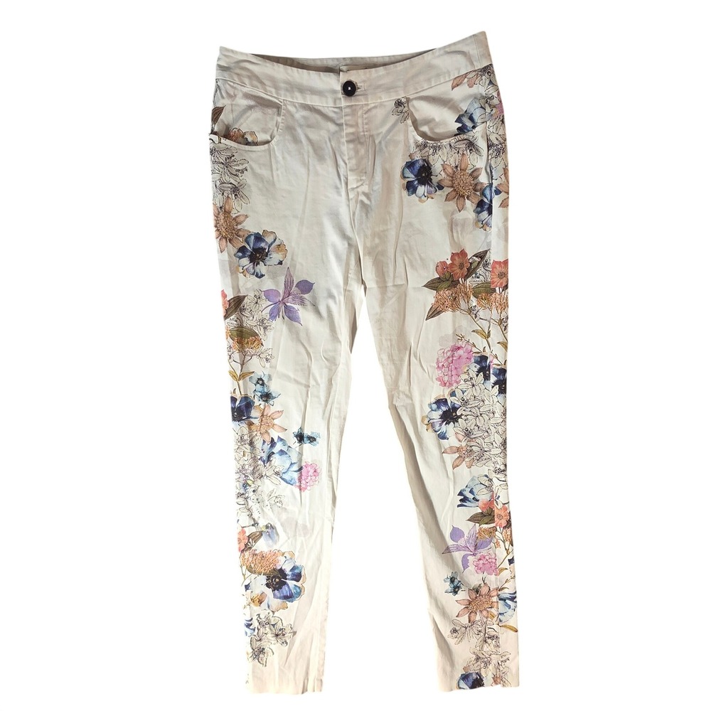Pink Mary Ivory Floral Embellished Slim Pants Rhinestones Pearls Small